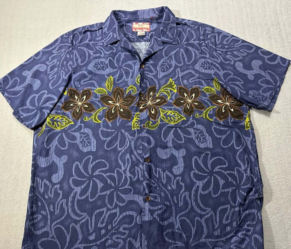 Vintage Hawaii Blue Tropical Floral Button Up- flannel Camp Shirt Men Size 2XL